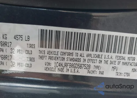 2016 Jeep Patriot Latitude из США, поврежденный, VIN 1C4NJRFB0GD587528